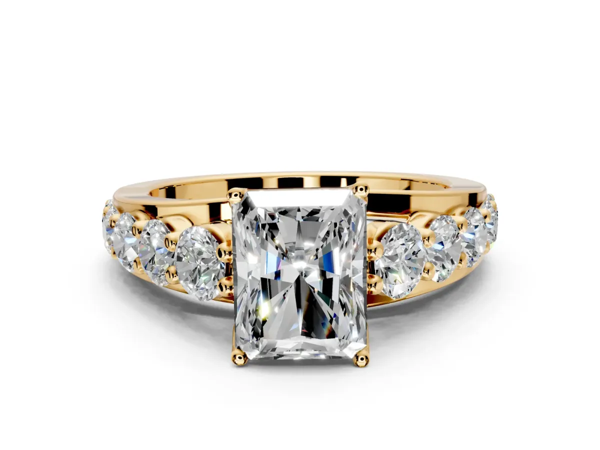 Solitaire Engagement Ring Setting for Radiant Cut Center with Graduated Shared Prongs and Prong Head in Yellow Gold