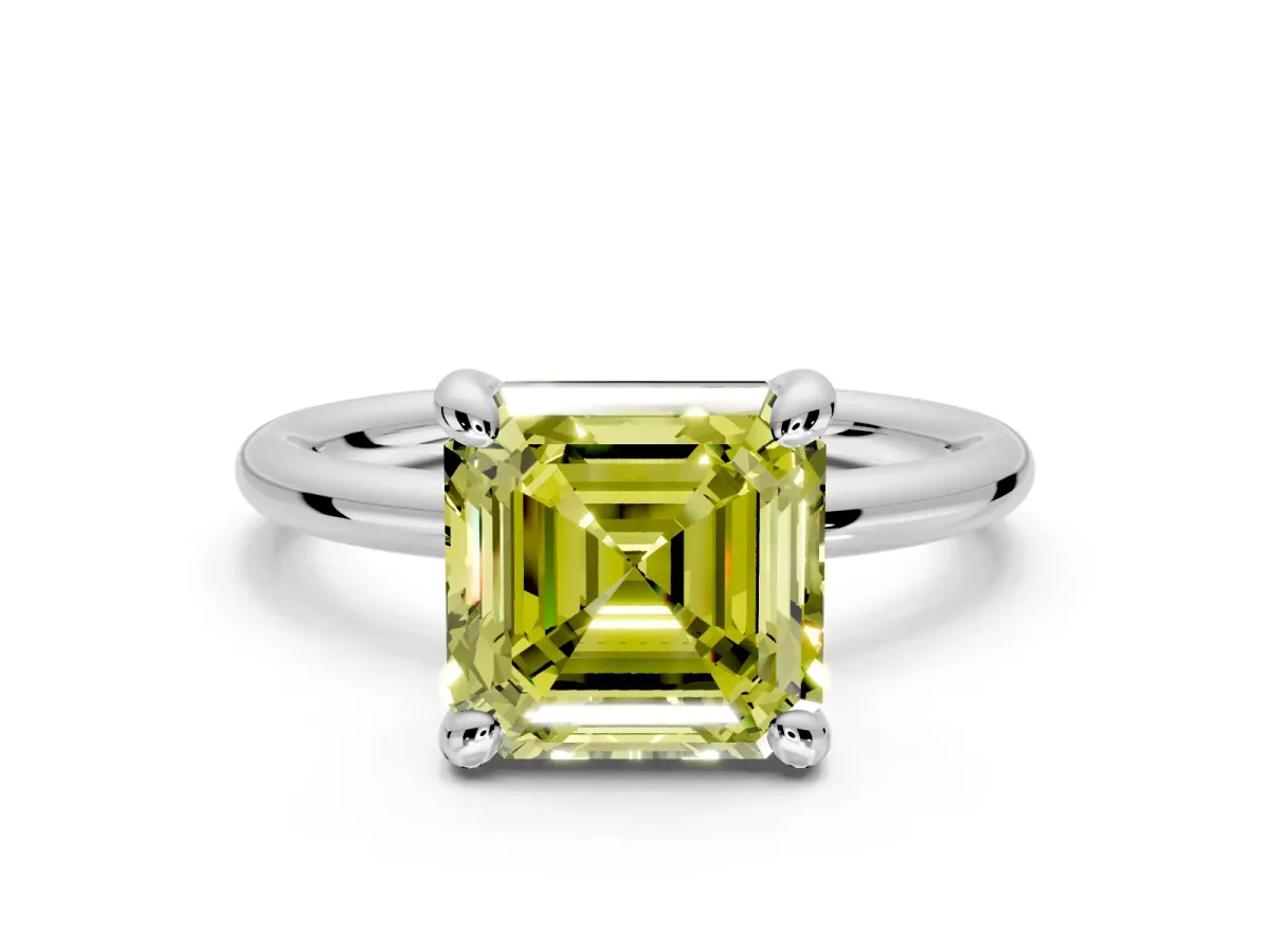 Low-Set Solitaire Engagement Ring Setting for Fancy Yellow Asscher Cut Center with Thin Plain Band and Prong Head in Platinum