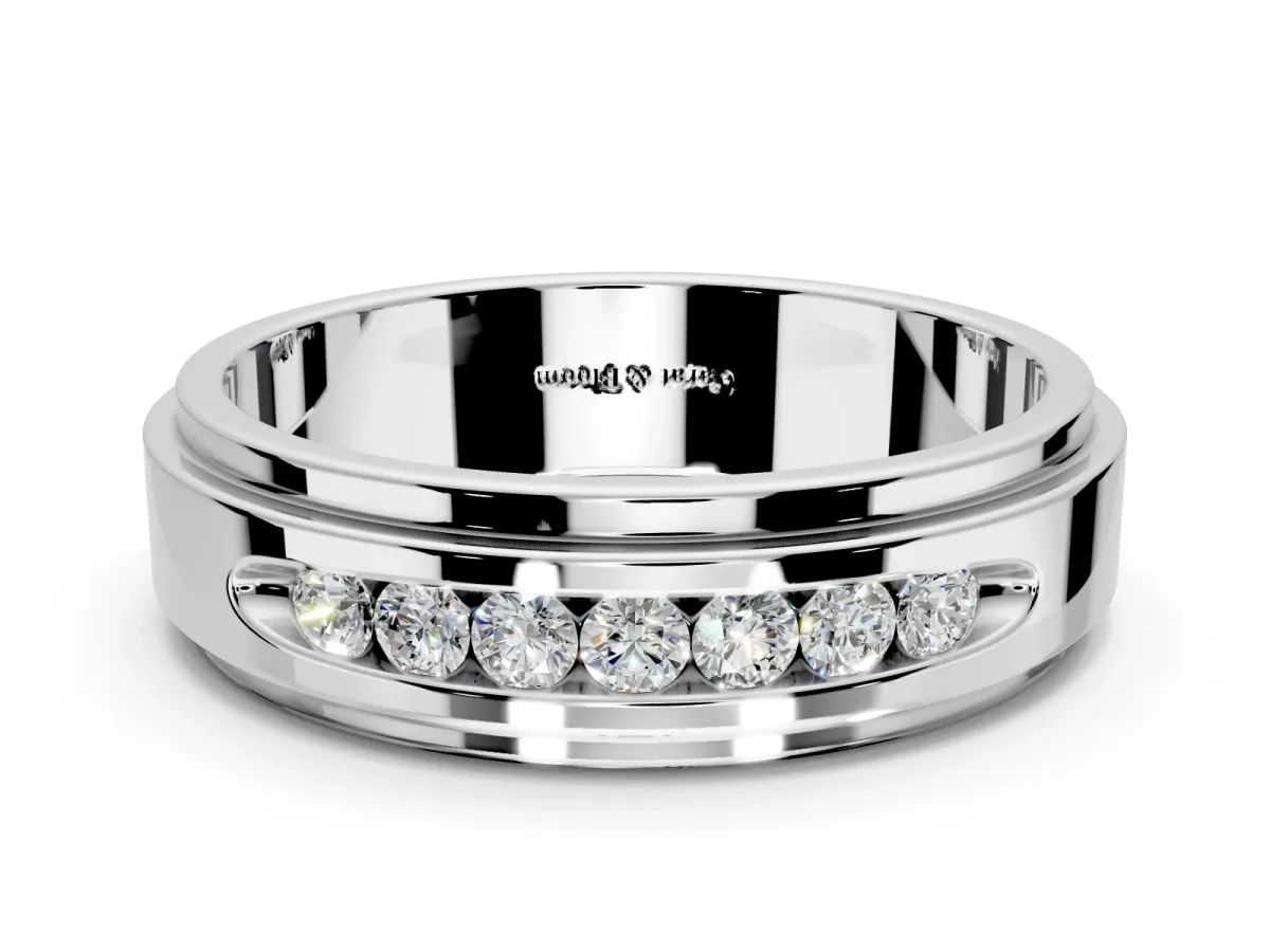 Round Cut Lab-Grown Diamond 7 Stone Channel Men's Wedding Band with Grooved Borders in Sterling Silver
