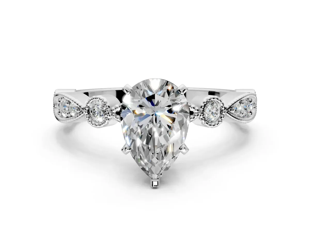 Solitaire Engagement Ring Setting for Pear-Shaped Center with Milgrain Bezel Accents and Prong Head in Sterling Silver