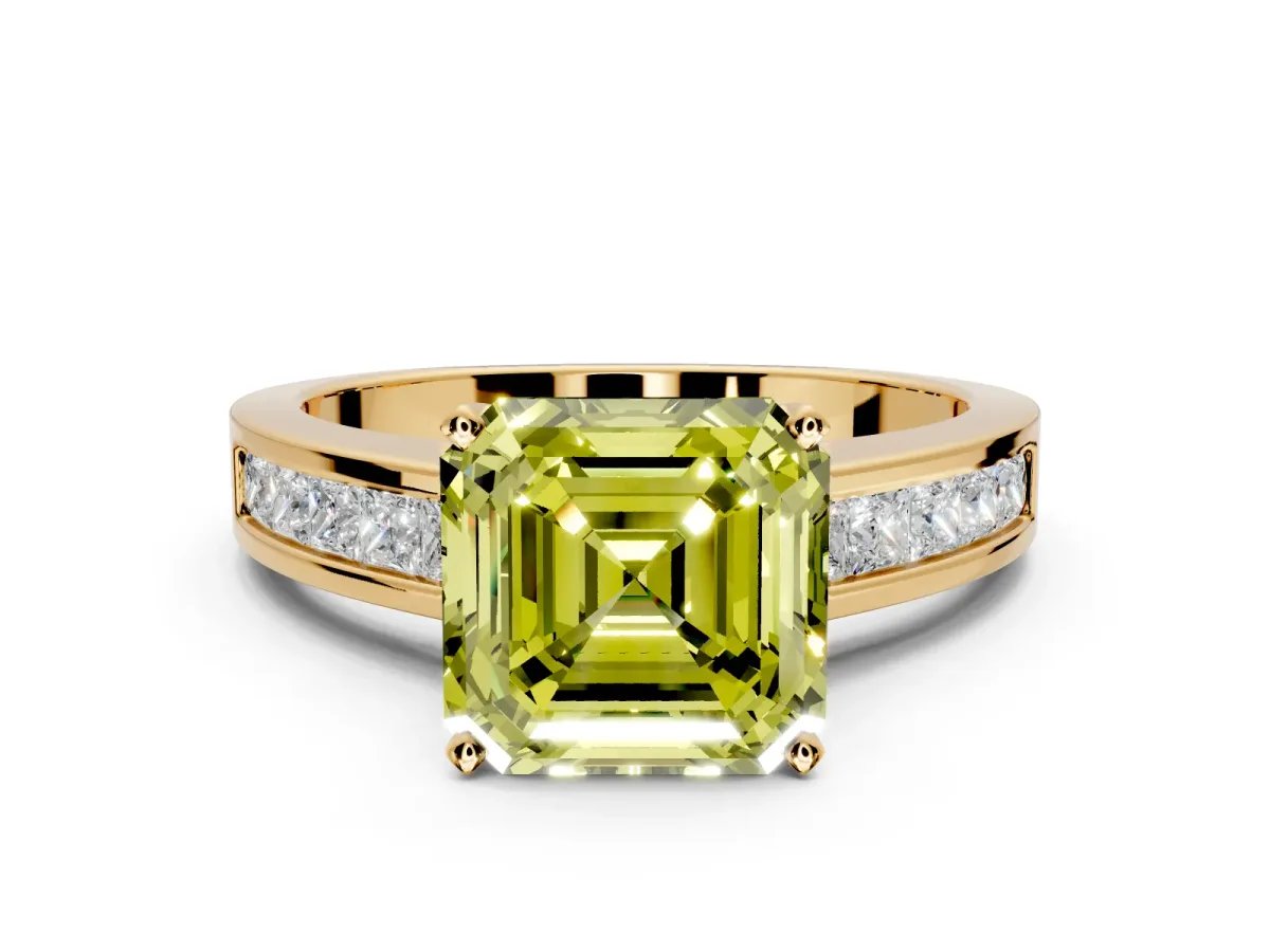 Solitaire Engagement Ring Setting for Fancy Yellow Asscher Cut Center with Princess Cut Channel Band and Prong Head in Yellow Gold