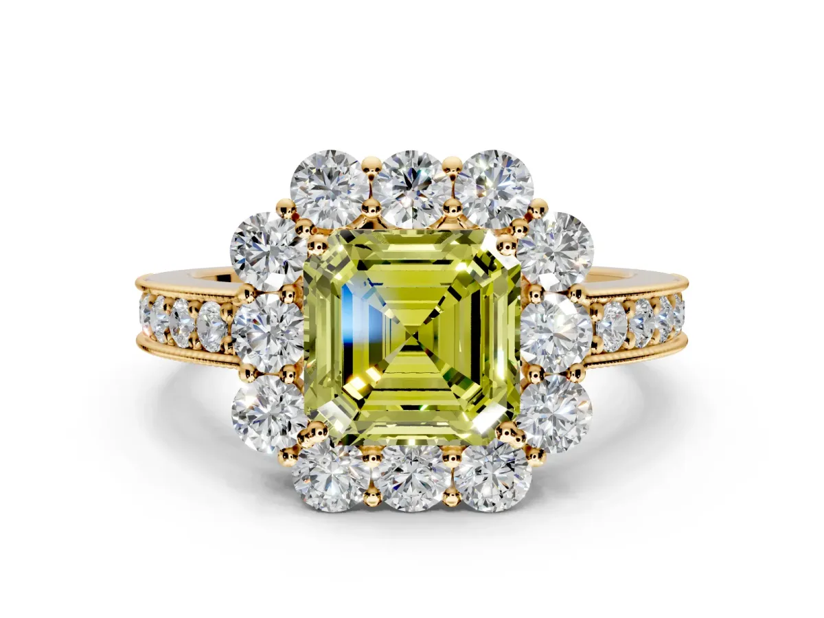 Halo Engagement Ring Setting for Fancy Yellow Asscher Cut Center with Milgrain Channel Band and Prong Head in Yellow Gold