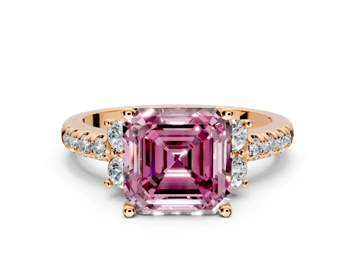 Paired Accent Engagement Ring Setting for Fancy Pink Asscher Cut Center with Pave Band and Prong Head in Rose Gold
