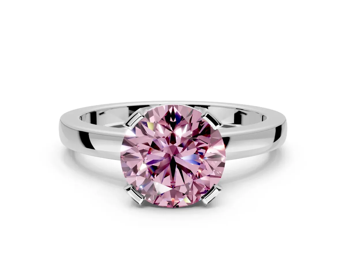 Solitaire Engagement Ring Setting for Fancy Pink Round Cut Center with Plain Band and Flat Tab Prong Head in Platinum
