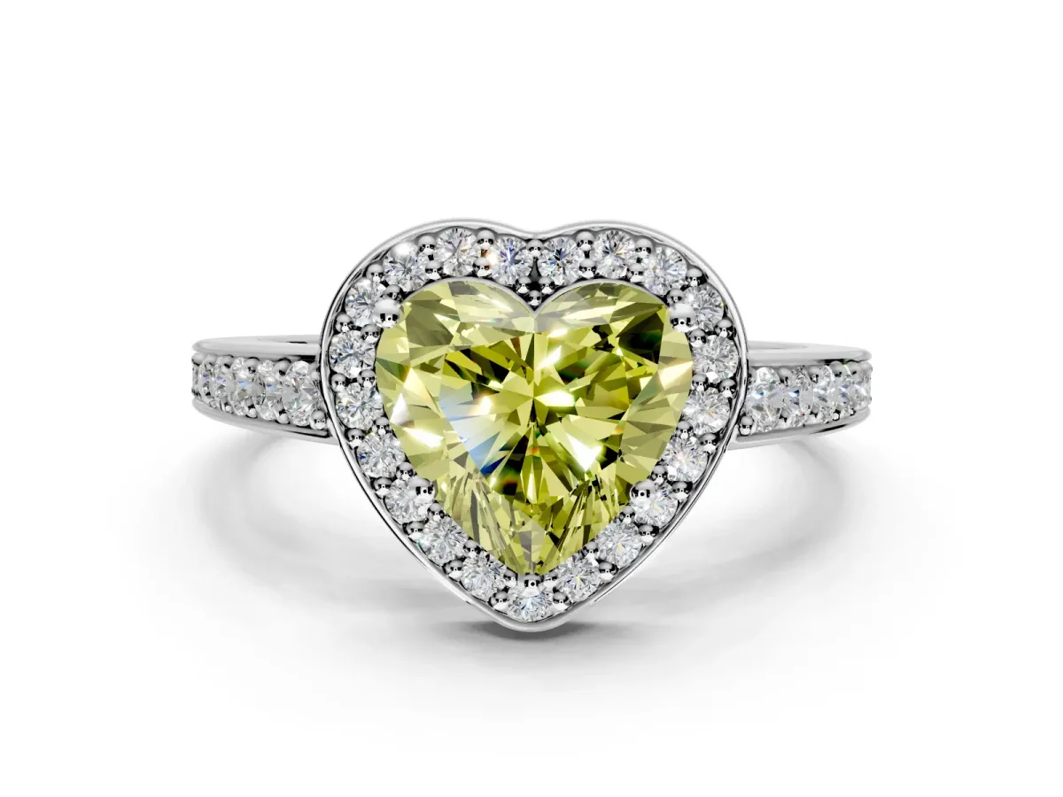 Bezel-Framed Halo Engagement Ring Setting for Fancy Yellow Heart-Shaped Center with Pave Band and Prong Head in White Gold