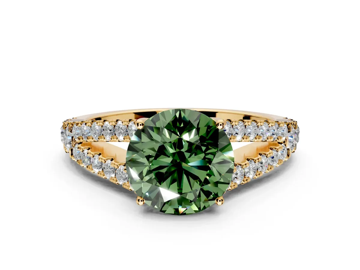 Solitaire Engagement Ring Setting for Fancy Green Round Cut Center with Pave Split Shank and Prong Head in Yellow Gold