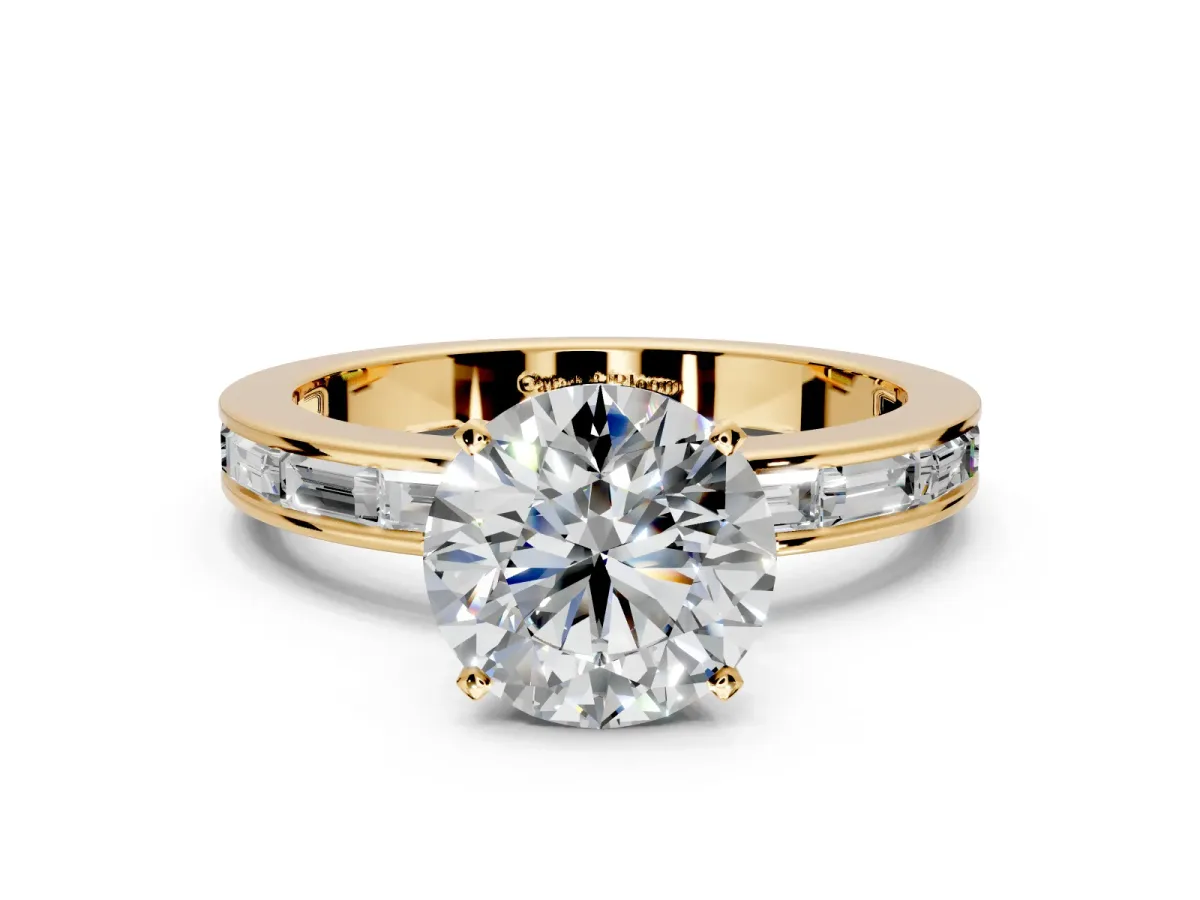 Solitaire Engagement Ring Setting for Round Cut Center with Channel Baguette Band and Prong Head in Yellow Gold