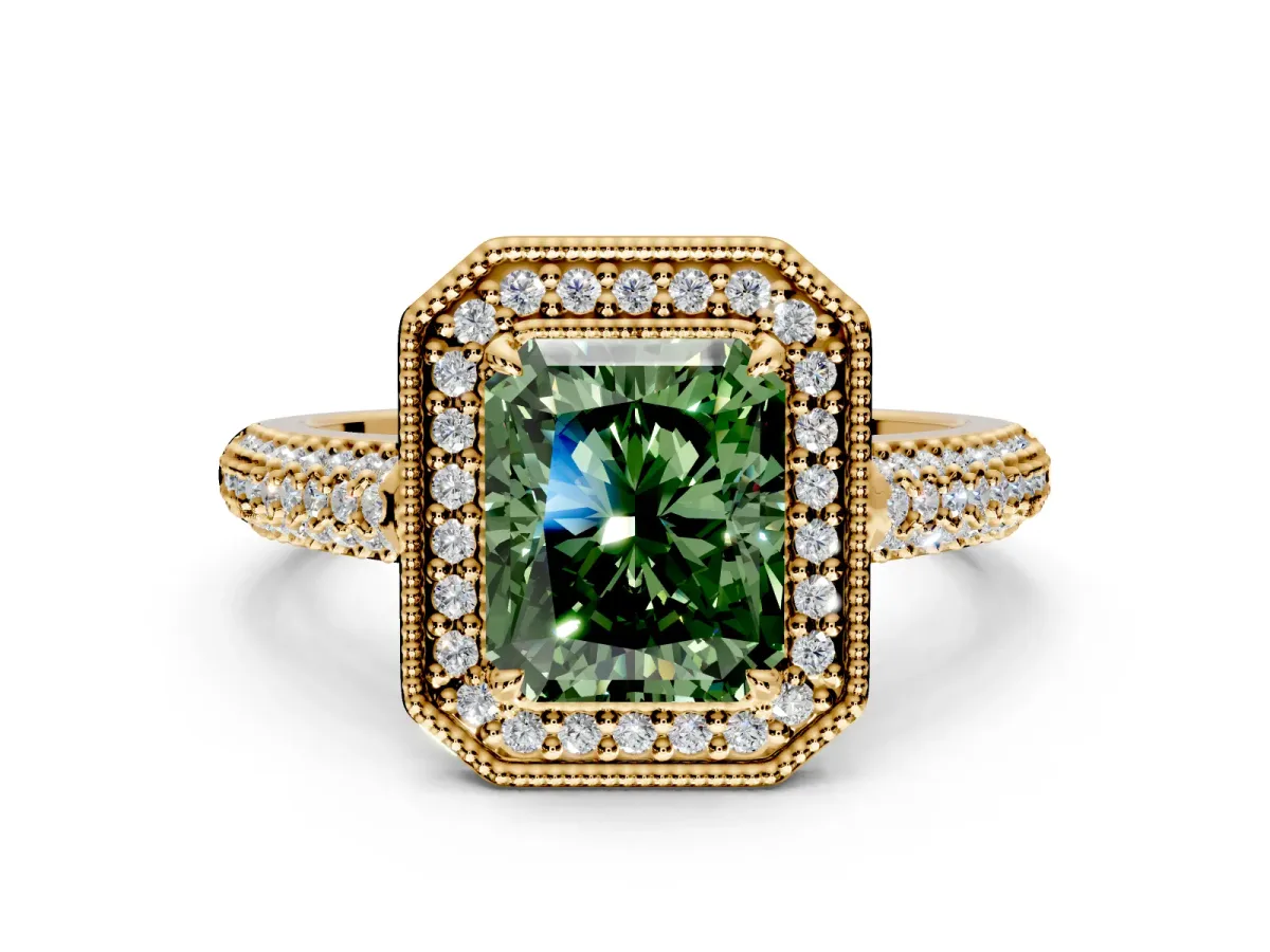 Milgrain Halo Engagement Ring Setting for Fancy Green Radiant Cut Center with Three-Sided Pave Band and Prong Head in Yellow Gold