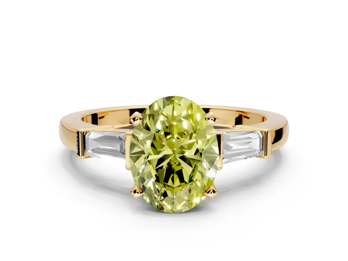 3 Stone Engagement Ring Setting for Fancy Yellow Oval Center with Channel Baguette Accents and Prong Head in Yellow Gold