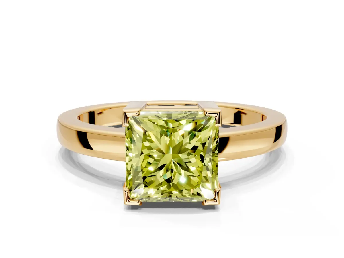 Solitaire Engagement Ring Setting for Fancy Yellow Princess Cut Center with Plain Band and Flat Tab Prong Head in Yellow Gold