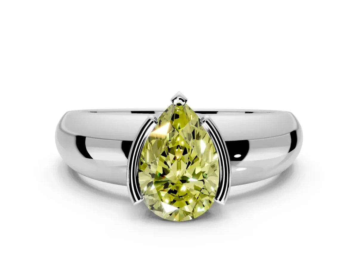 Tension Engagement Ring Setting for Fancy Yellow Pear-Shaped Center with Wide Flat Band and Tension Head in Platinum