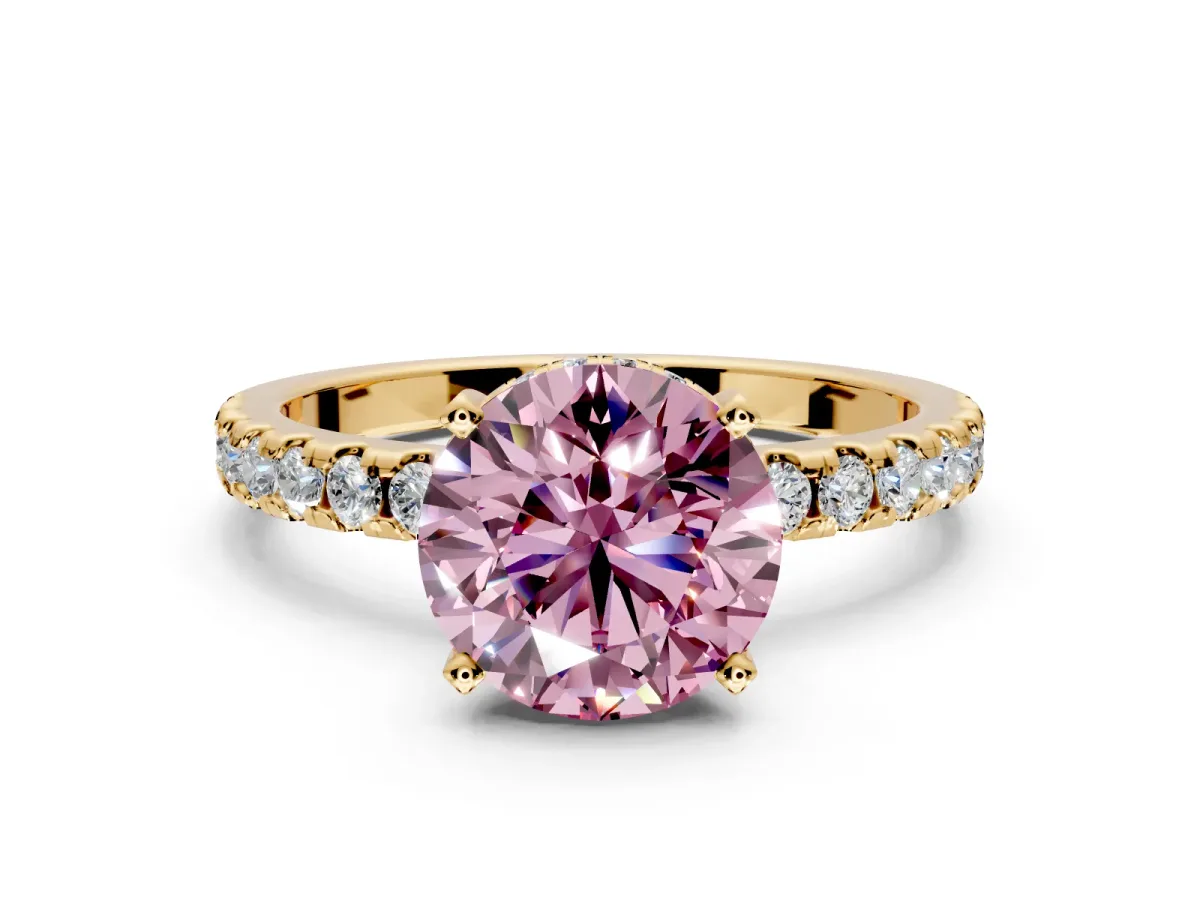 Solitaire Engagement Ring Setting for Fancy Pink Round Cut Center with Band of Accents and Prong Head in Yellow Gold