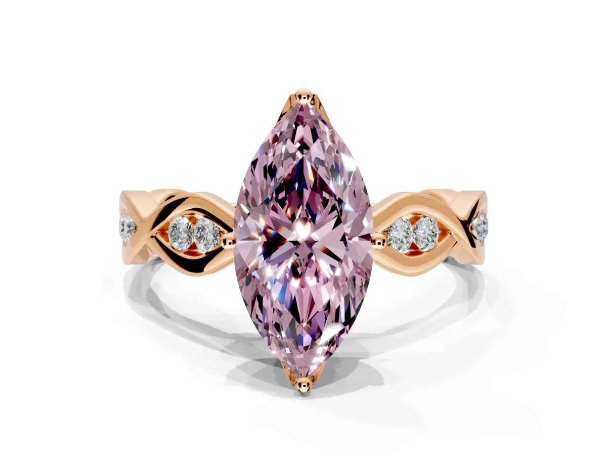 Solitaire Engagement Ring Setting for Fancy Pink Marquise Center with Accented Twist Band and Leaf Prong Head in Rose Gold