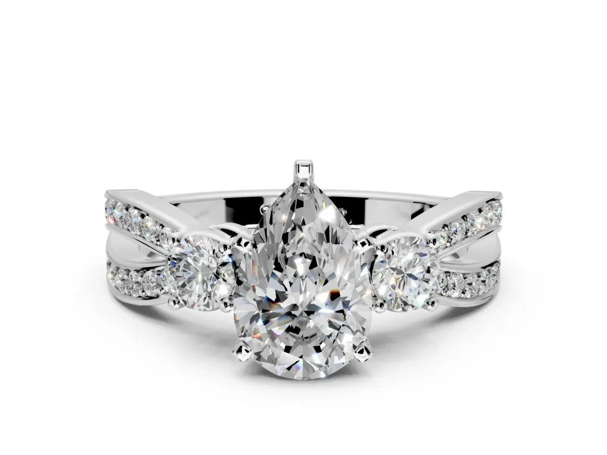 3 Stone Engagement Ring Setting for Pear-Shaped Center with Pave Twist Band and Prong Head in Sterling Silver