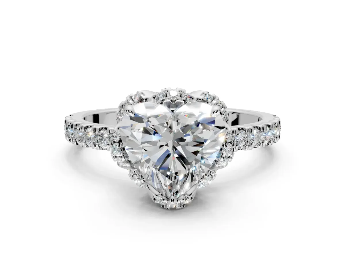Halo Engagement Ring Setting for Heart-Shaped Center with Openwork Halo, Pave Band and Prong Head in Platinum