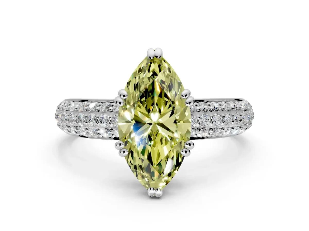 Solitaire Engagement Ring Setting for Fancy Yellow Marquise Center with Multi-Row Pave Accents and Basket Head in Sterling Silver