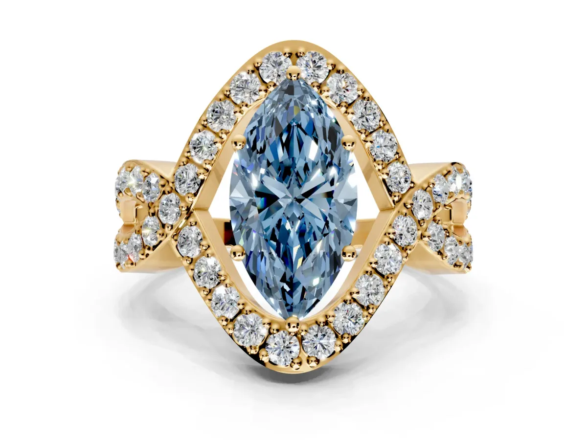 Halo Engagement Ring Setting for Fancy Blue Marquise Center with Pave Infinity Twist Band and Prong Head in Yellow Gold