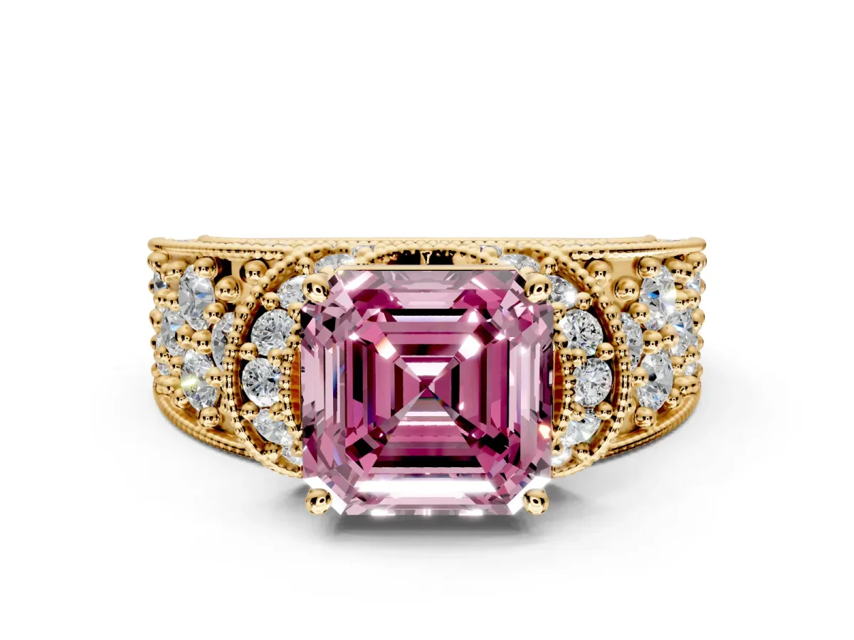 Pave Engagement Ring Setting for Fancy Pink Asscher Cut Center with Curved Accent Rows, Openwork and Prong Head in Yellow Gold