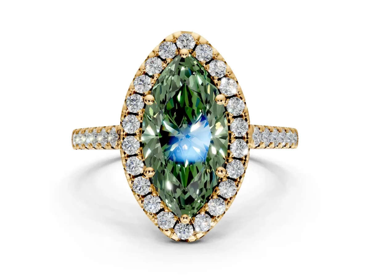 Halo Engagement Ring Setting for Fancy Green Marquise Center with Raised Halo, Pave Band and Prong Head in Yellow Gold