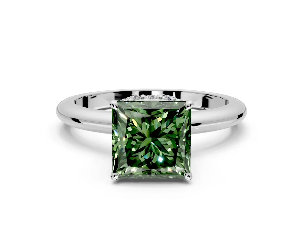 Hidden Halo Engagement Ring Setting for Fancy Green Princess Cut Center with Plain Rounded Band and Prong Head in Sterling Silver