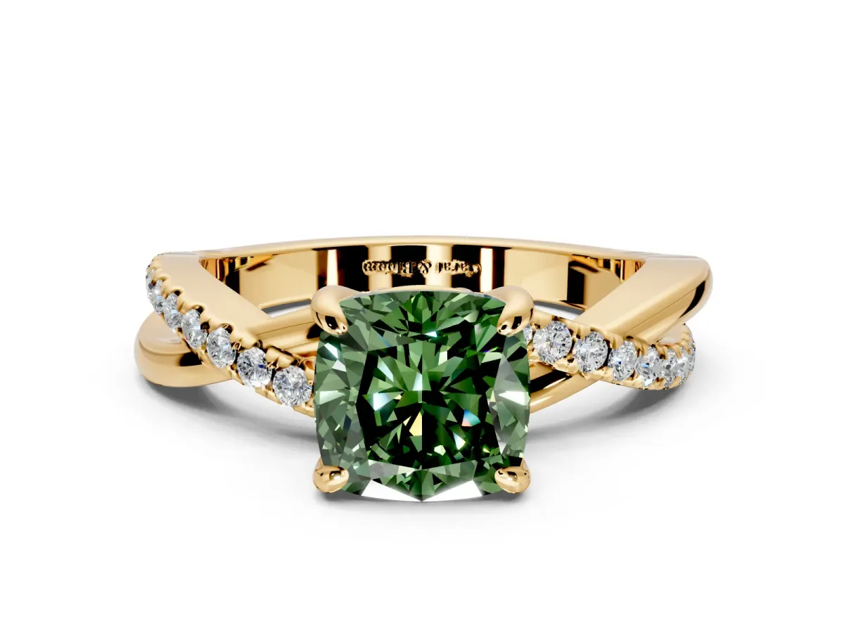 Solitaire Engagement Ring Setting for Fancy Green Cushion Cut Center with Half-Pave Crossover Band and Prong Head in Yellow Gold