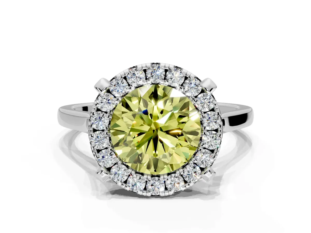 Single Halo Engagement Ring Setting for Fancy Yellow Round Cut Center with Corner Claws, Plain Band and Prong Head in Platinum
