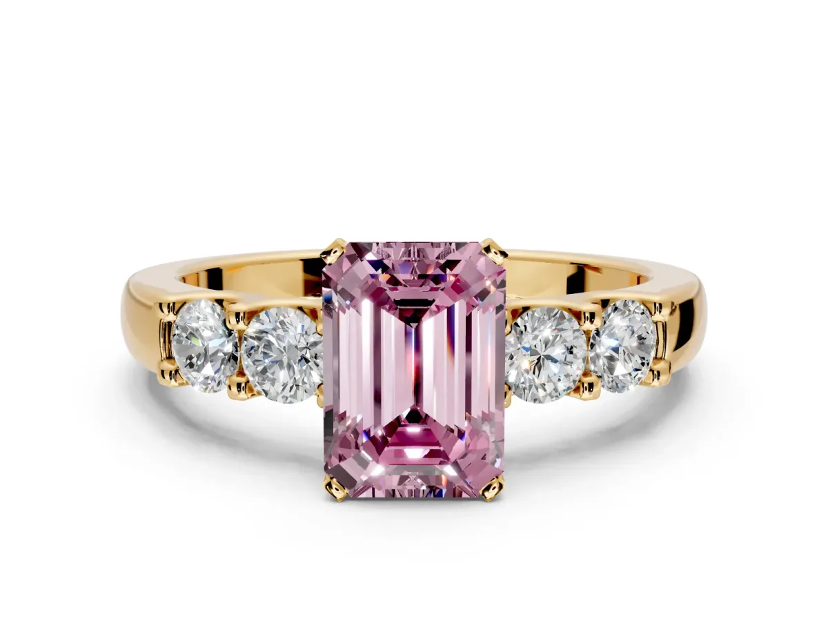 5 Stone Engagement Ring Setting for Fancy Pink Emerald Cut Center with Plain Band and Prong Head in Yellow Gold