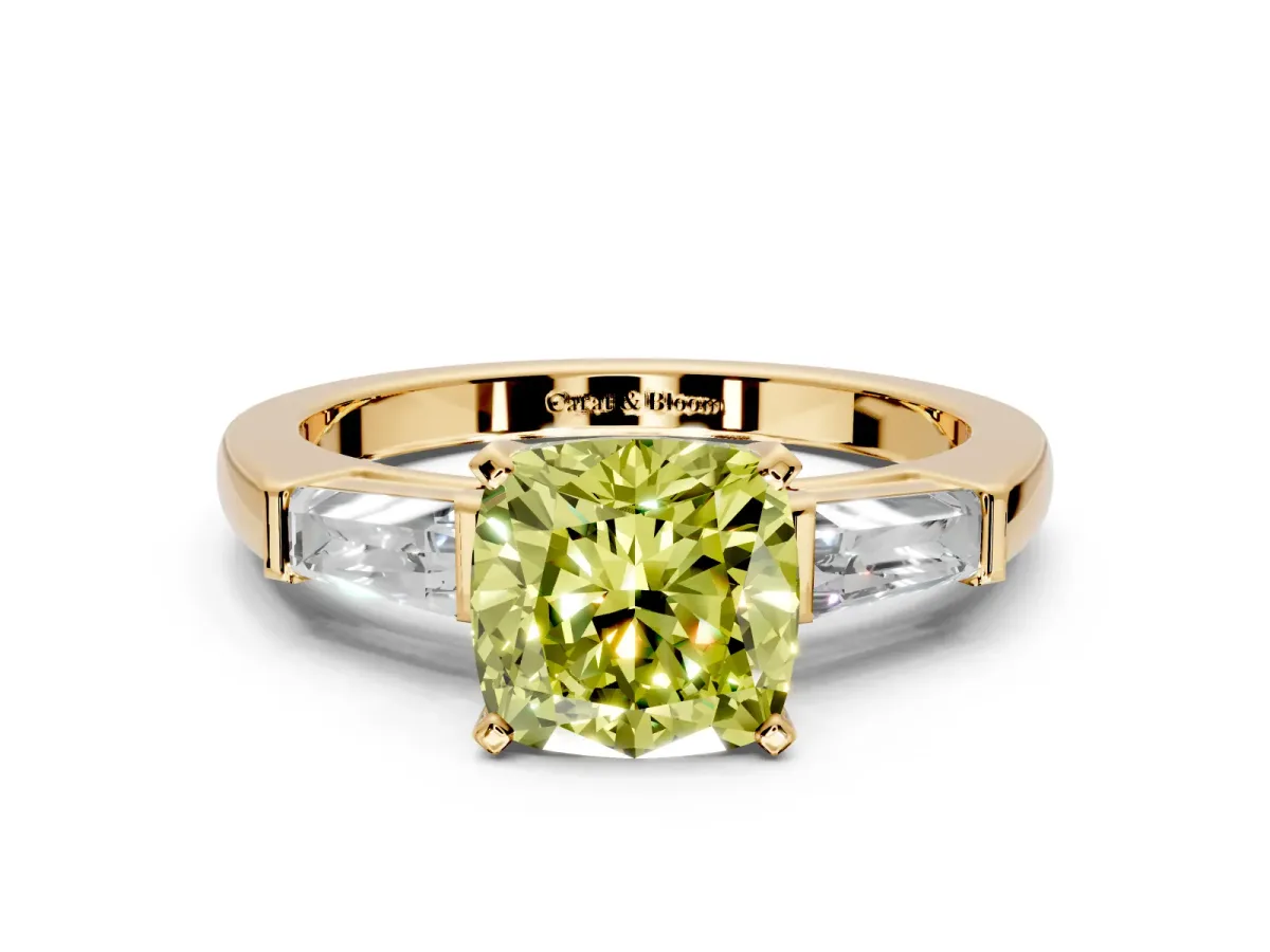 3 Stone Engagement Ring Setting for Fancy Yellow Cushion Cut Center with Tapered Baguettes, Plain Band and Prong Head in Yellow Gold