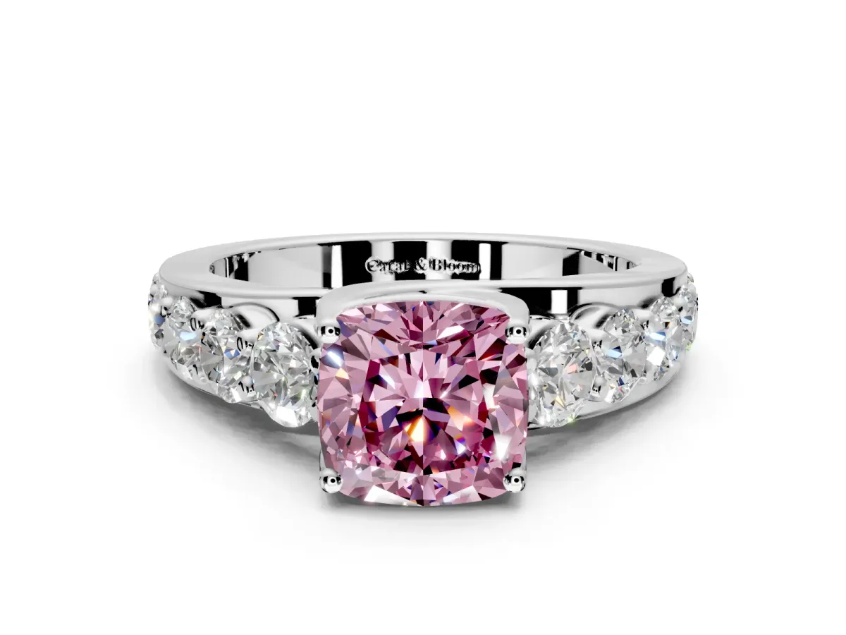 Solitaire Engagement Ring Setting for Fancy Pink Cushion Cut Center with Graduated Shared Prongs and Prong Head in Sterling Silver