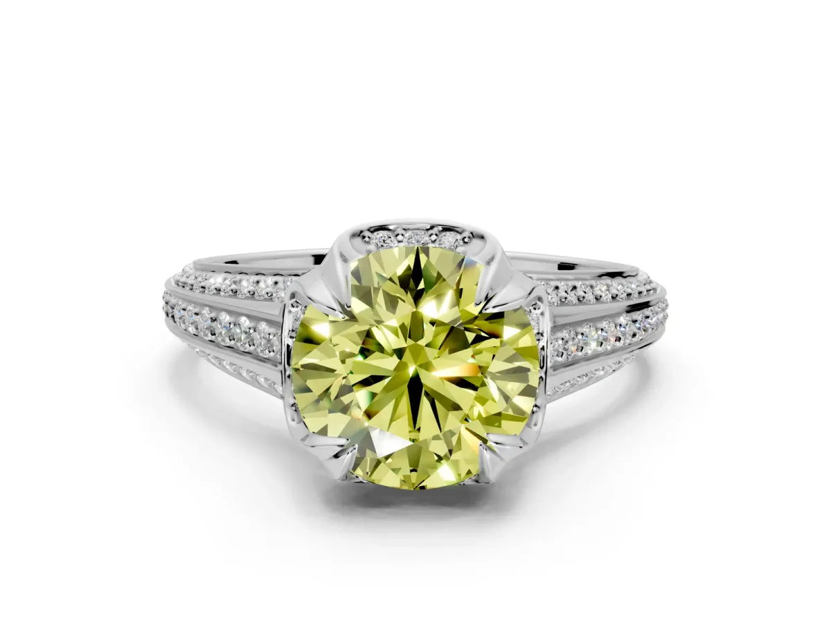 Solitaire Engagement Ring Setting for Fancy Yellow Round Cut Center with Accented Split Shank and Prong Head in Sterling Silver