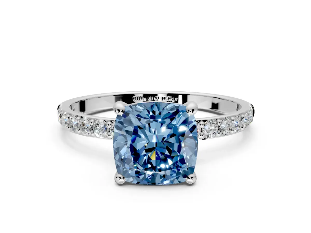 Solitaire Engagement Ring Setting for Fancy Blue Cushion Cut Center with Pave Accents and Prong Head in Platinum