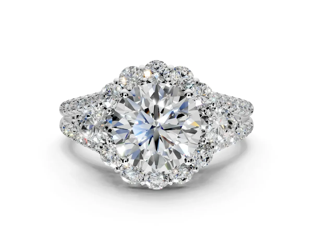 Halo Engagement Ring Setting for Round Cut Center with Two-Strand Split Shank and Prong Head in Platinum