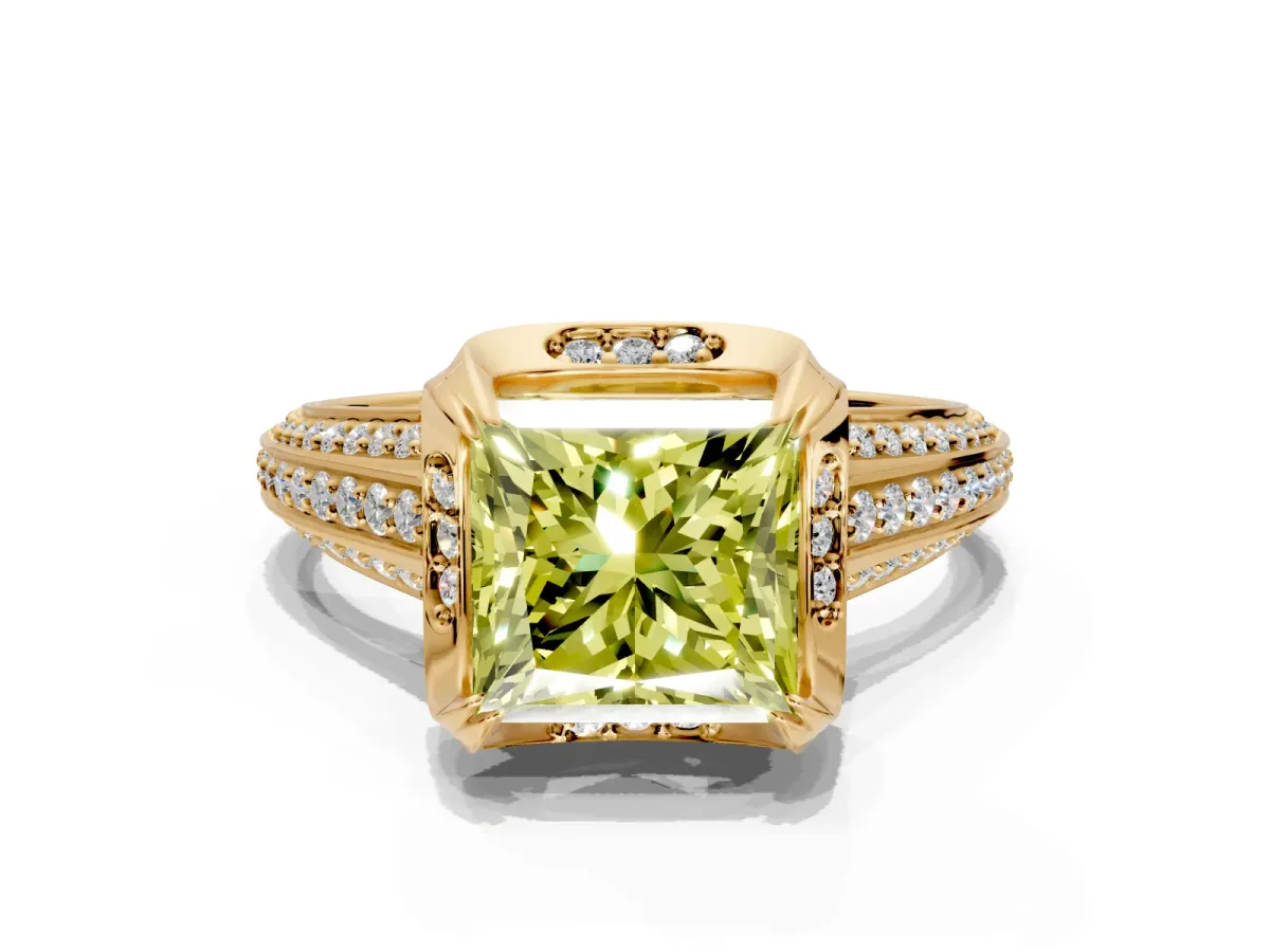 Solitaire Engagement Ring Setting for Fancy Yellow Princess Cut Center with Accented Split Shank and Prong Head in Yellow Gold