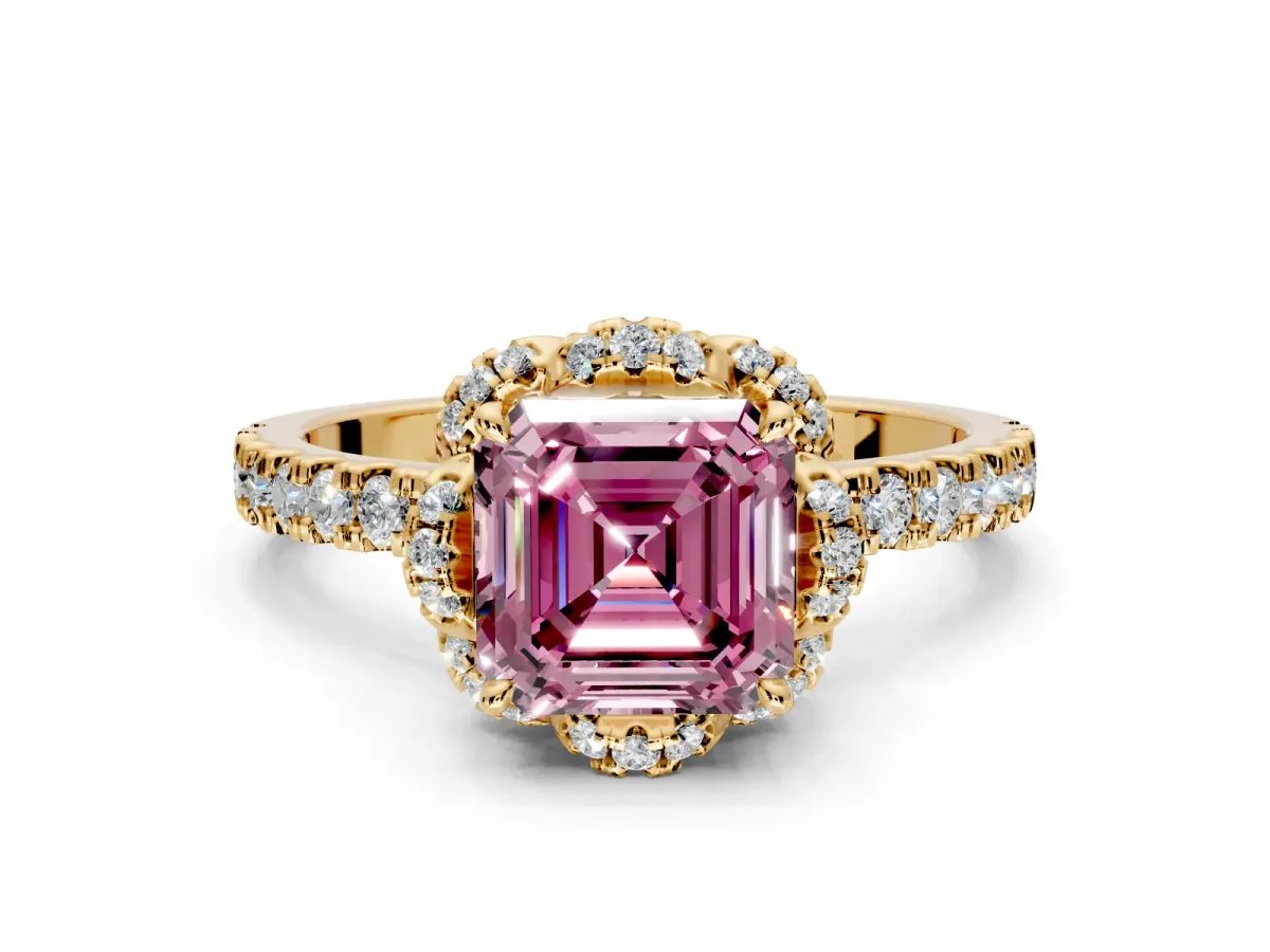 Floral Halo Engagement Ring Setting for Fancy Pink Asscher Cut Center with Pave Band and Prong Head in Yellow Gold