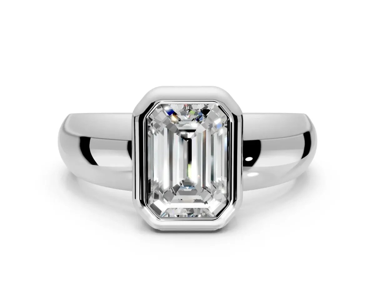 Solitaire Engagement Ring Setting for Emerald Cut Center with Wide Band and Bezel Head in Sterling Silver