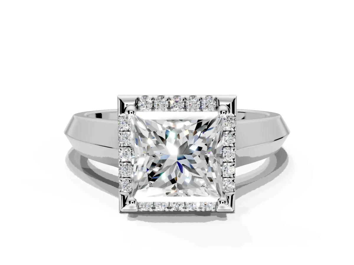Halo Engagement Ring Setting for Princess Cut Center with Knife Ridge Cathedral Band and Prong Head in White Gold