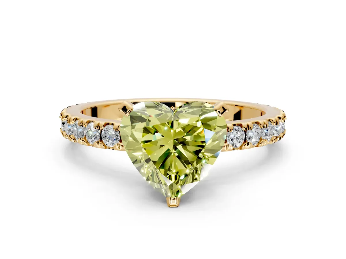 Solitaire Engagement Ring Setting for Fancy Yellow Heart-Shaped Center with Fine Pave Band and Claw Prong Head in Yellow Gold