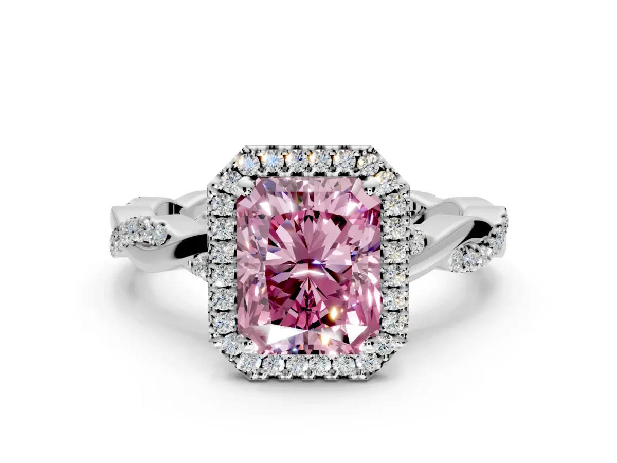 Halo Engagement Ring Setting for Fancy Pink Radiant Cut Center with Pave and Plain Twist Band and Prong Head in Platinum