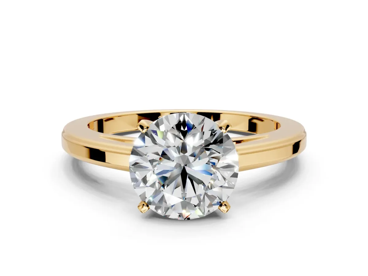 Solitaire Engagement Ring Setting for Round Cut Center with Flat-Sided Plain Band and Prong Head in Yellow Gold
