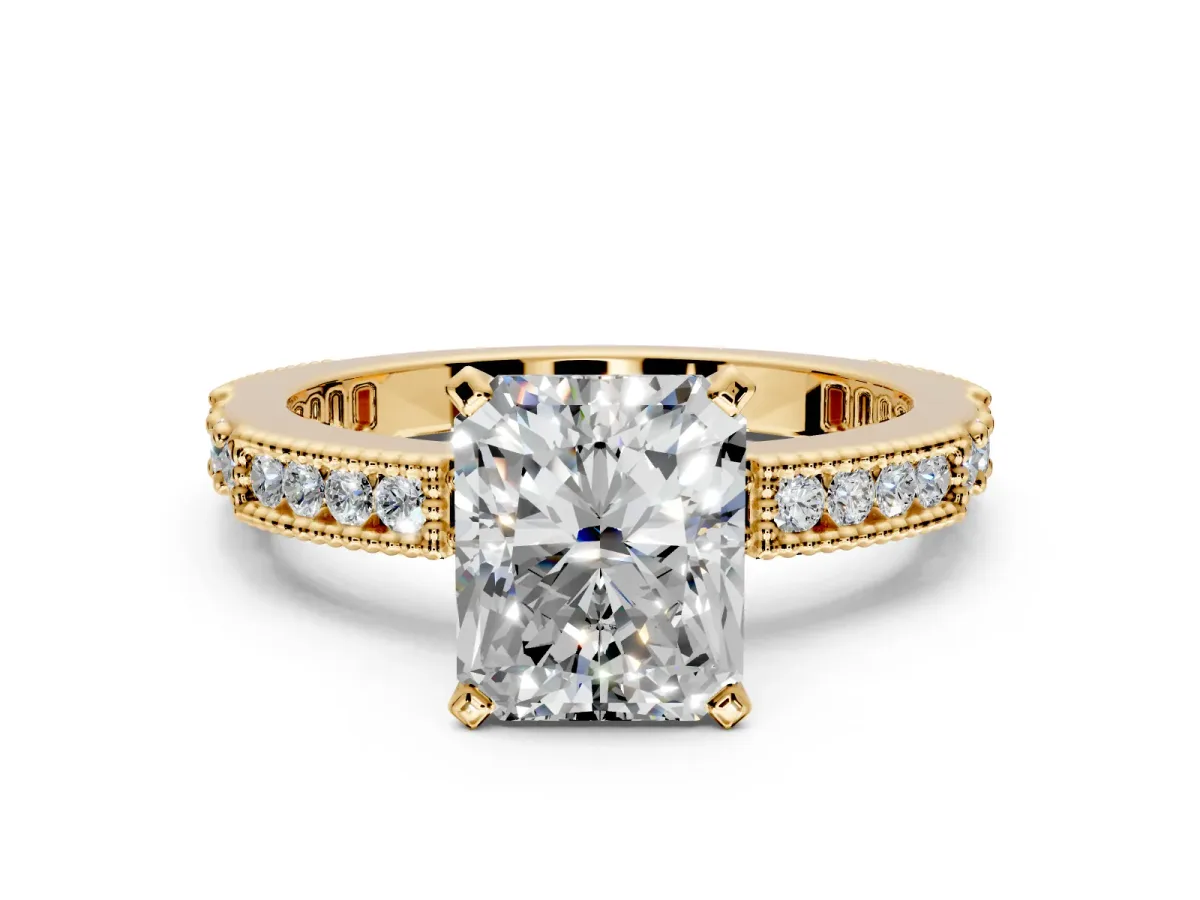 Solitaire Engagement Ring Setting for Radiant Cut Center with Milgrain-Edged Pave Band and Prong Head in Yellow Gold