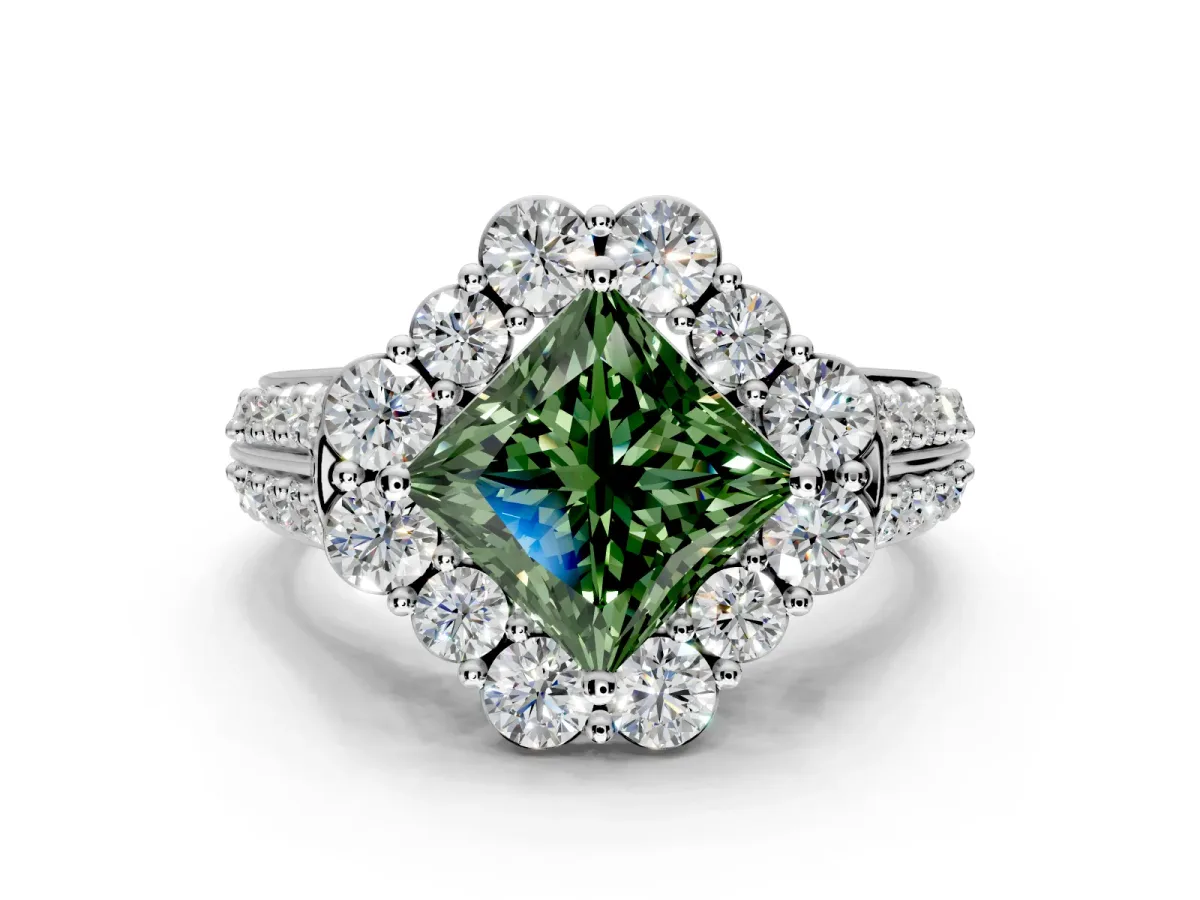 Large Accent Halo Engagement Ring Setting for Fancy Green Princess Cut Center with Pave Split Shank and Prong Head in Platinum