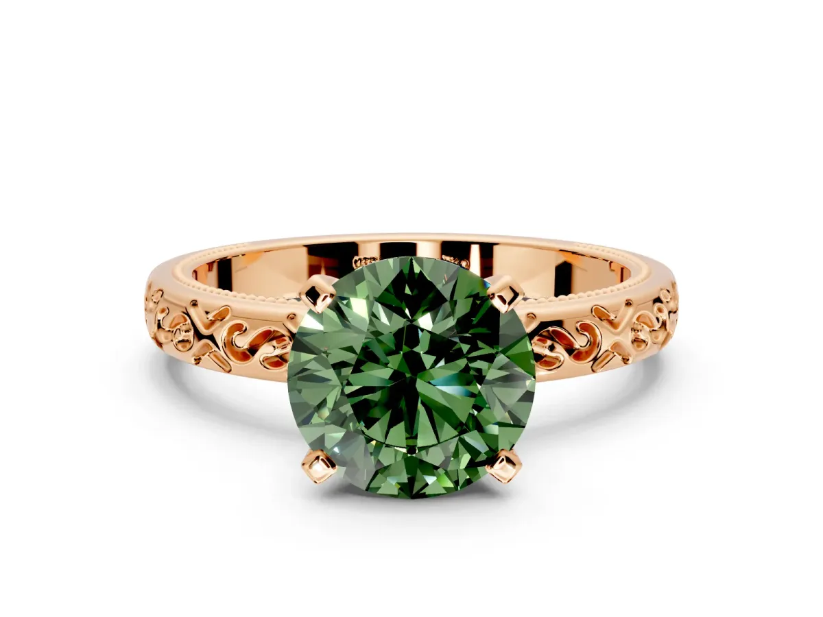 Solitaire Engagement Ring Setting for Fancy Green Round Cut Center with Scrollwork Band and Prong Head in Rose Gold