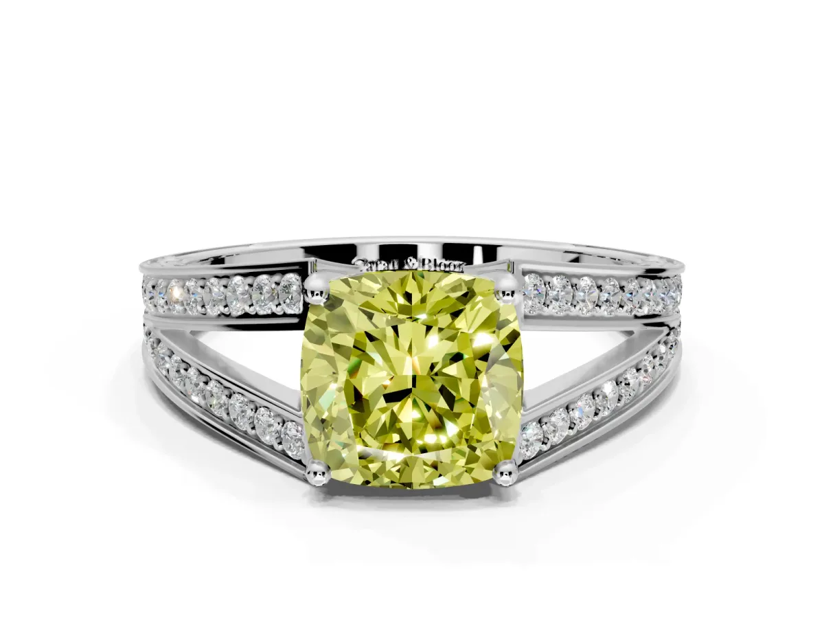 Split Shank Engagement Ring Setting for Fancy Yellow Cushion Cut Center with Pave Split Shank and Prong Head in Sterling Silver