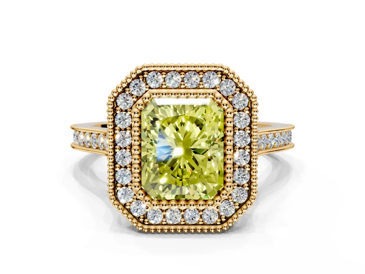 Halo Engagement Ring Setting for Fancy Yellow Radiant Cut Center with Milgrain Frame, Pave Band and Prong Head in Yellow Gold