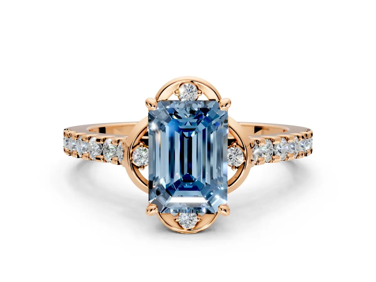 Floral Engagement Ring Setting for Fancy Blue Emerald Cut Center with Pave Band and Floral Prong Head in Rose Gold