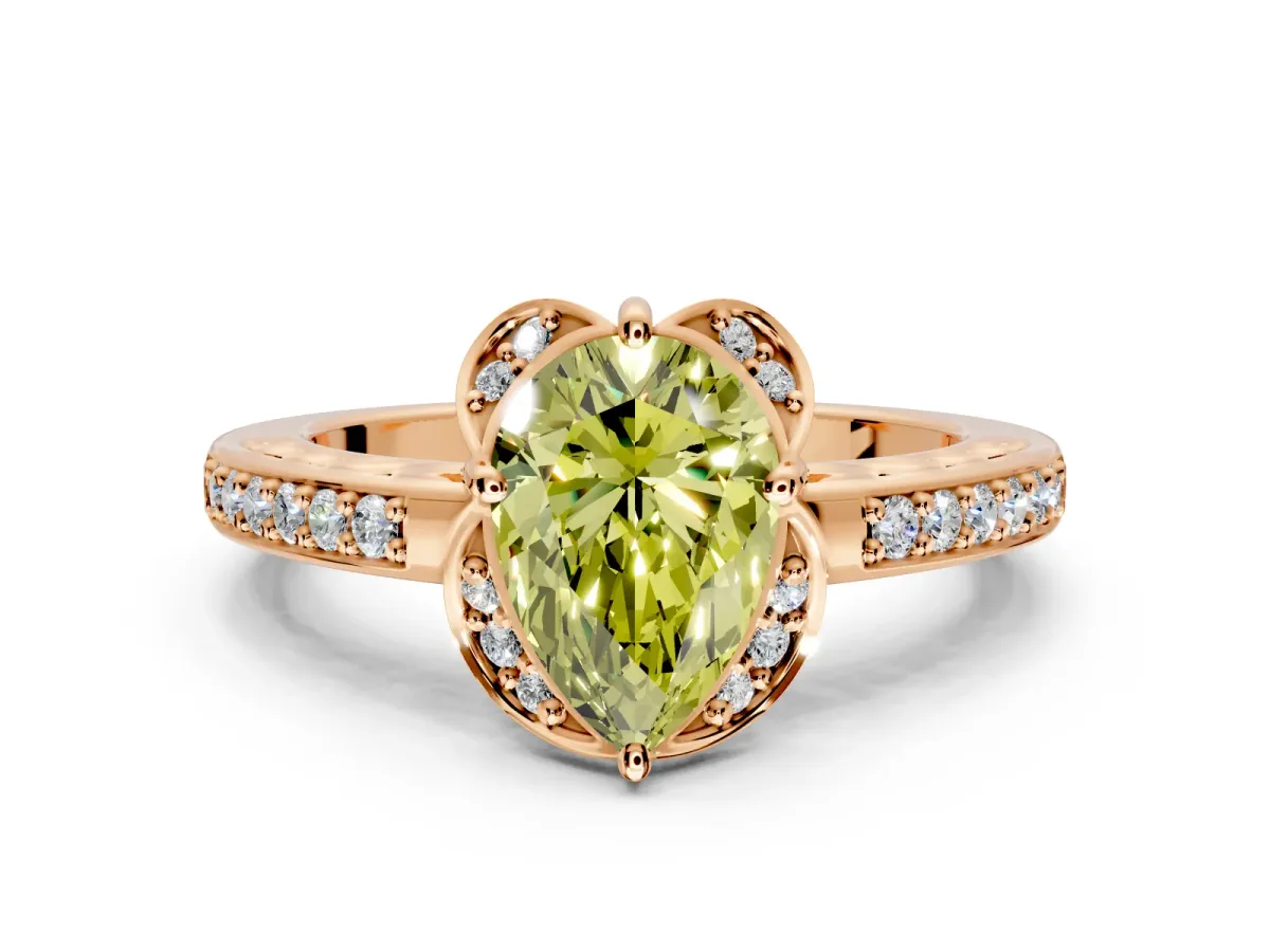 Floral Engagement Ring Setting for Fancy Yellow Pear-Shaped Center with Four Accent Clusters and Prong Head in Rose Gold