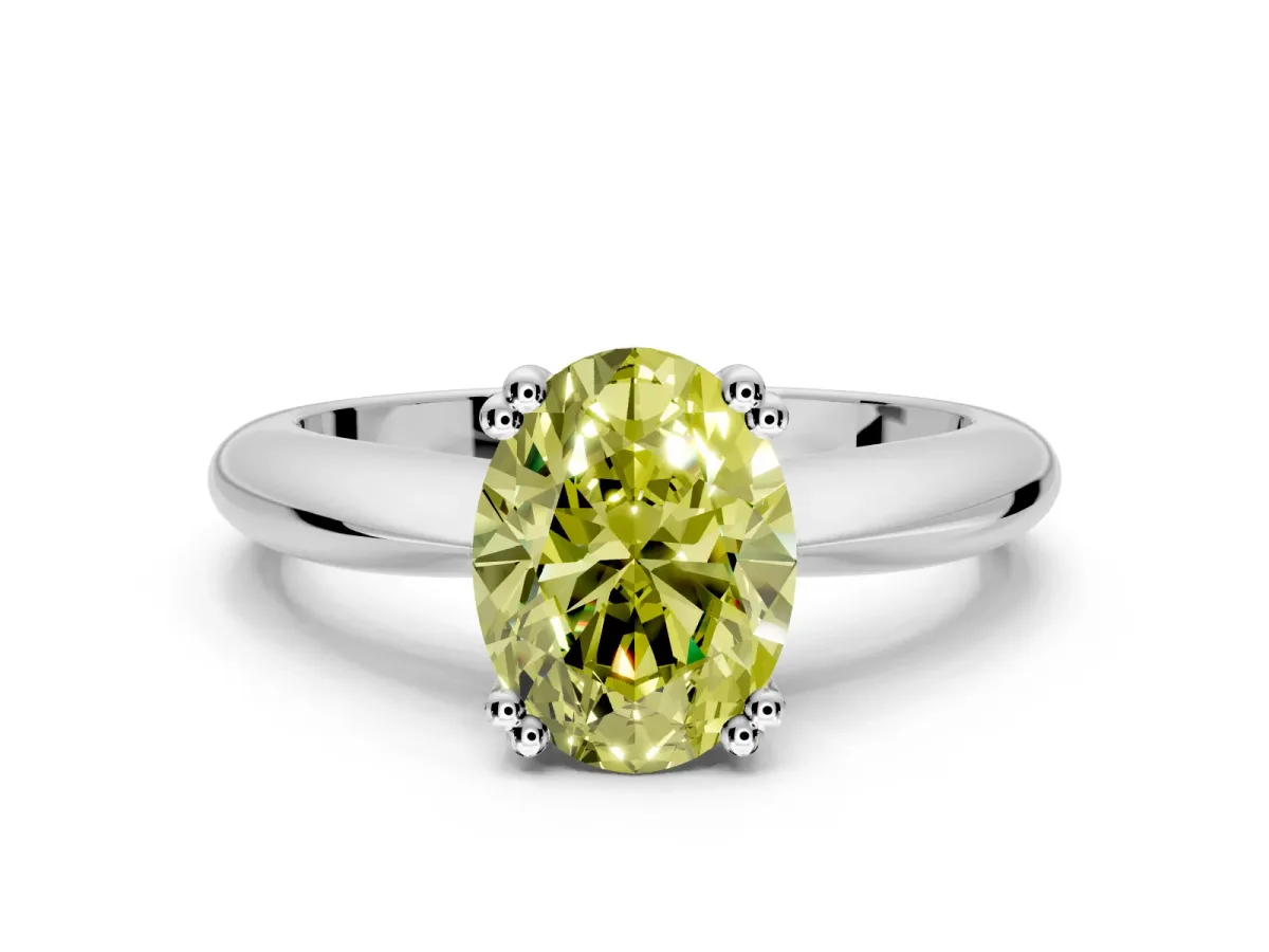 Solitaire Engagement Ring Setting for Fancy Yellow Oval Center with Reverse Tapered Band and Prong Head in White Gold