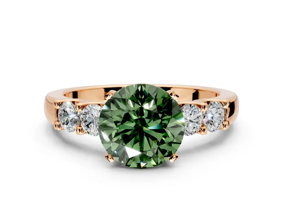 5 Stone Engagement Ring Setting for Fancy Green Round Cut Center with Plain Band and Prong Head in Rose Gold