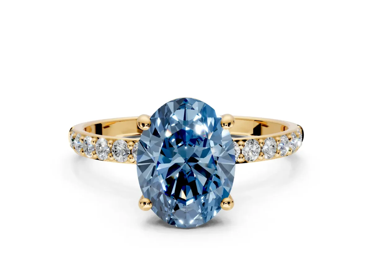 Solitaire Engagement Ring Setting for Fancy Blue Oval Center with Pave Accents and Prong Head in Yellow Gold