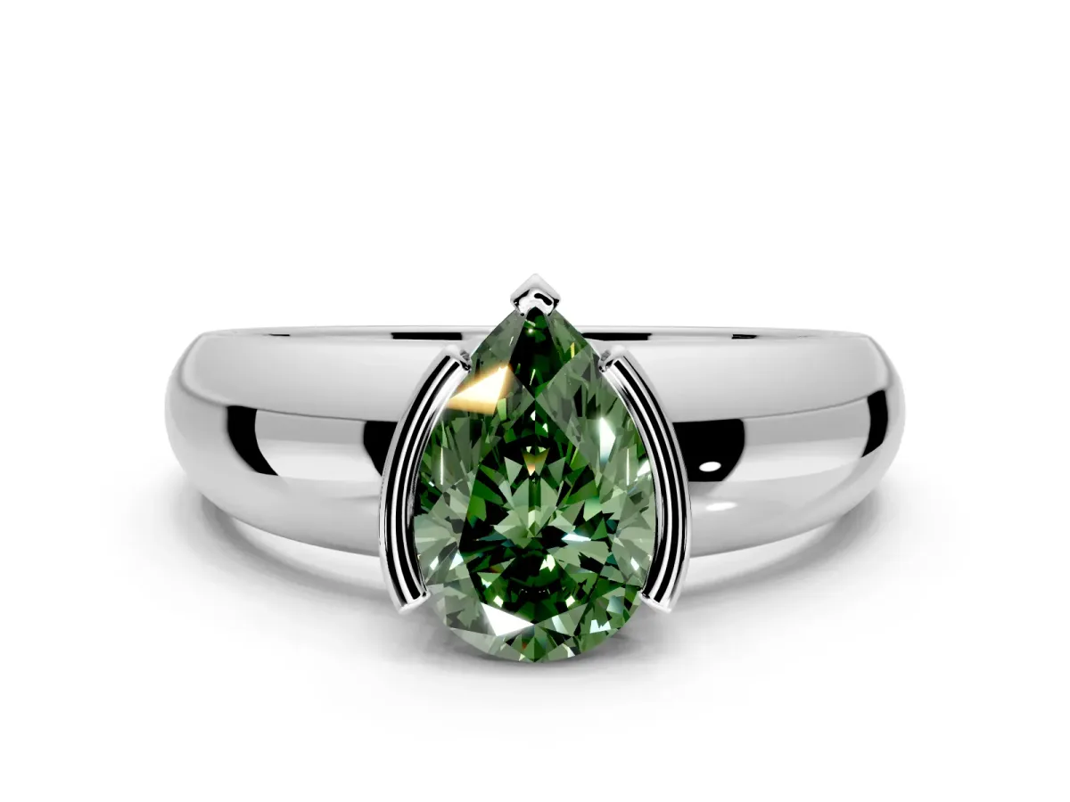 Tension Engagement Ring Setting for Fancy Green Pear-Shaped Center with Wide Flat Band and Tension Head in Sterling Silver